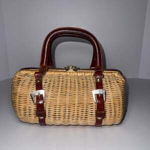 Vintage Wicker Box Handbag with Leather Trim & Twist Lock Closure